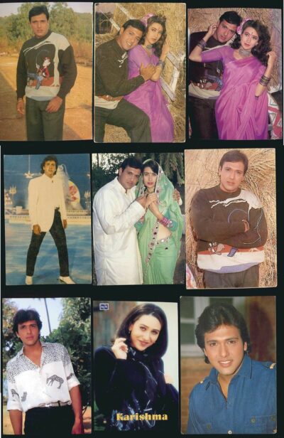 Bollywood actors Govinda, Karishma Kapoor. 9 rare postcards.